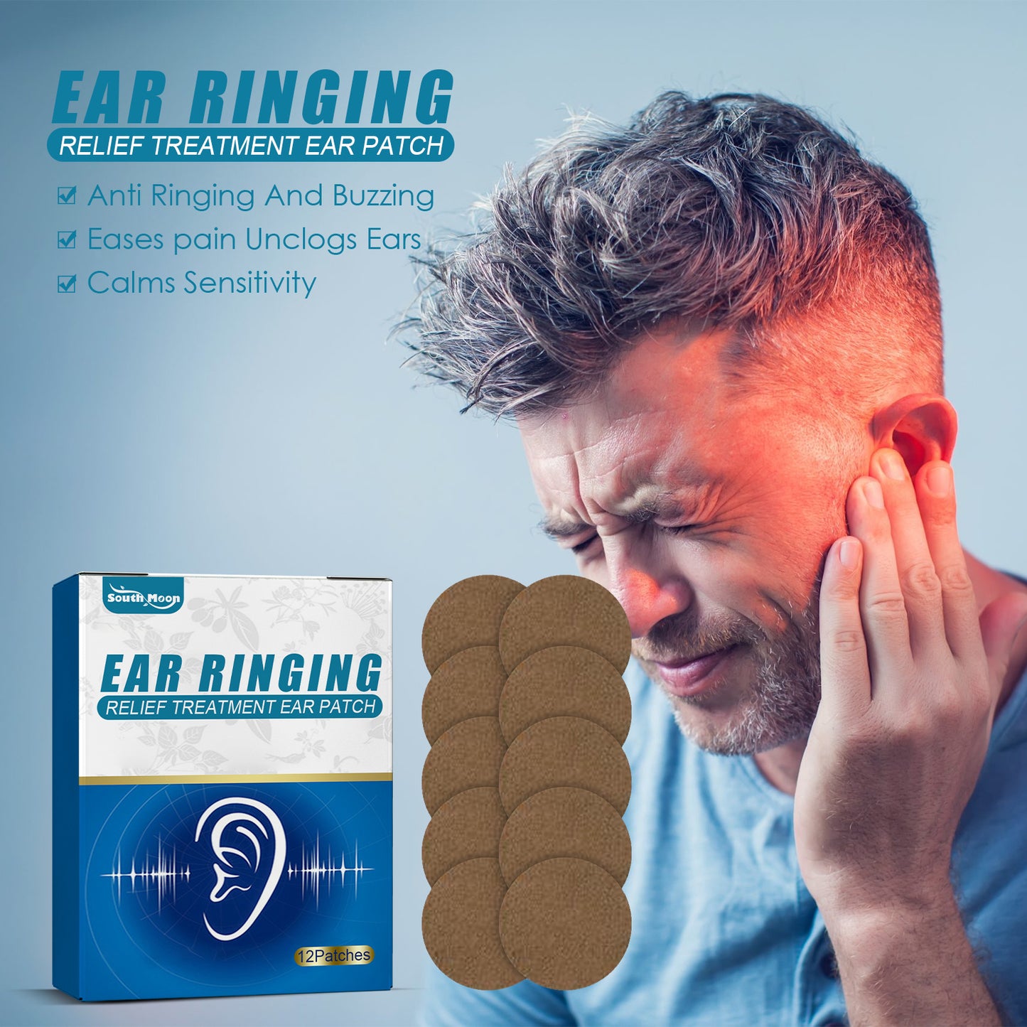 South Moon Tinnitus Patch 12pcs, Hearing Drop, Deafness, Back Of The Ear, Acupuncture Point Patch, Ear Discomfort, Ear Itching, Tinnitus Ear Patch